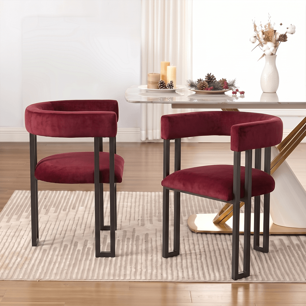 SEYNAR Modern Velvet Dining Chairs Set of 2, Curved Barrel Back Upholstered Armchairs with Black Metal Frame for Dining Room