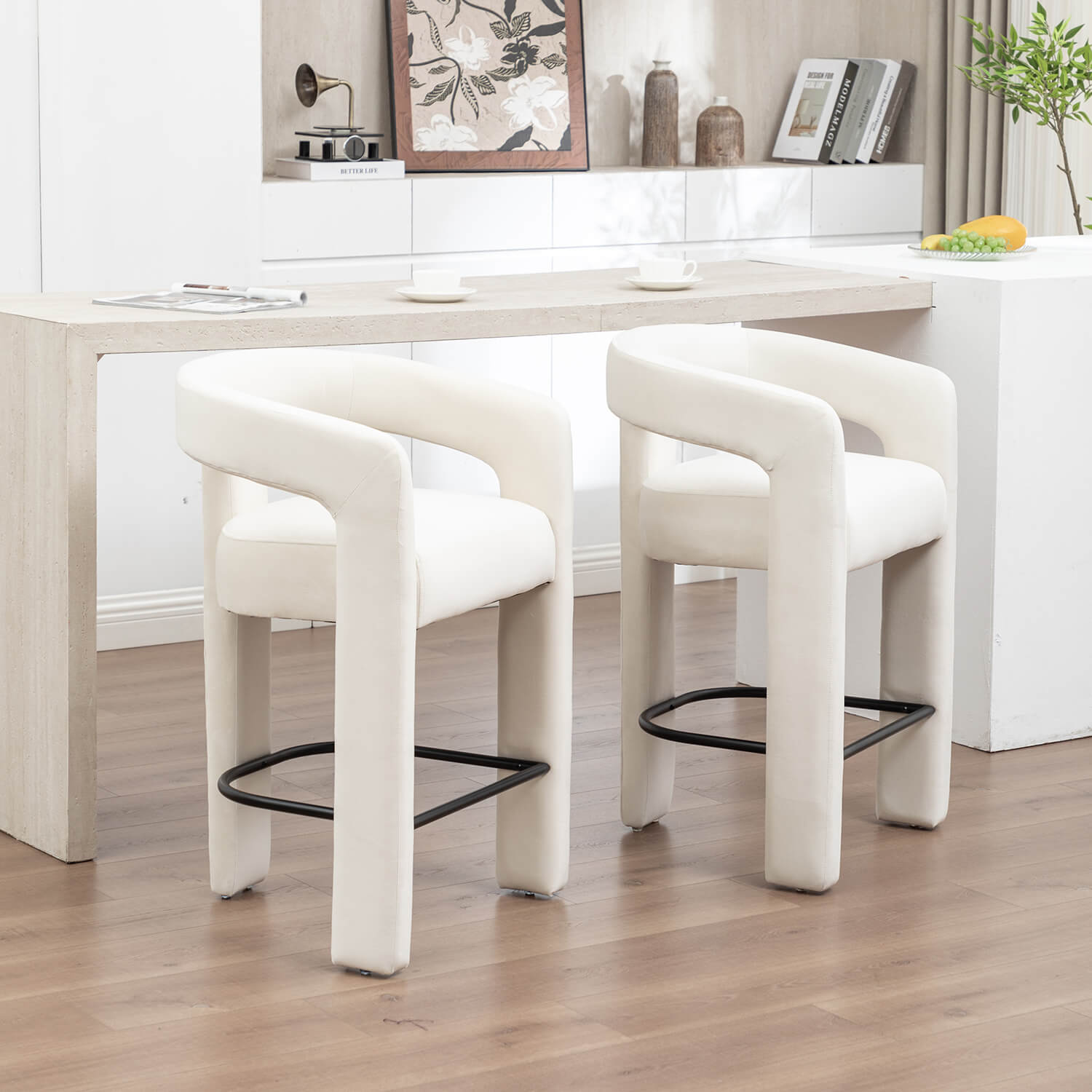 SEYNAR Modern Velvet 34.6''H Fixed Height Open-Back Bar Stool with Metal Footrest(Single/Set of 2)