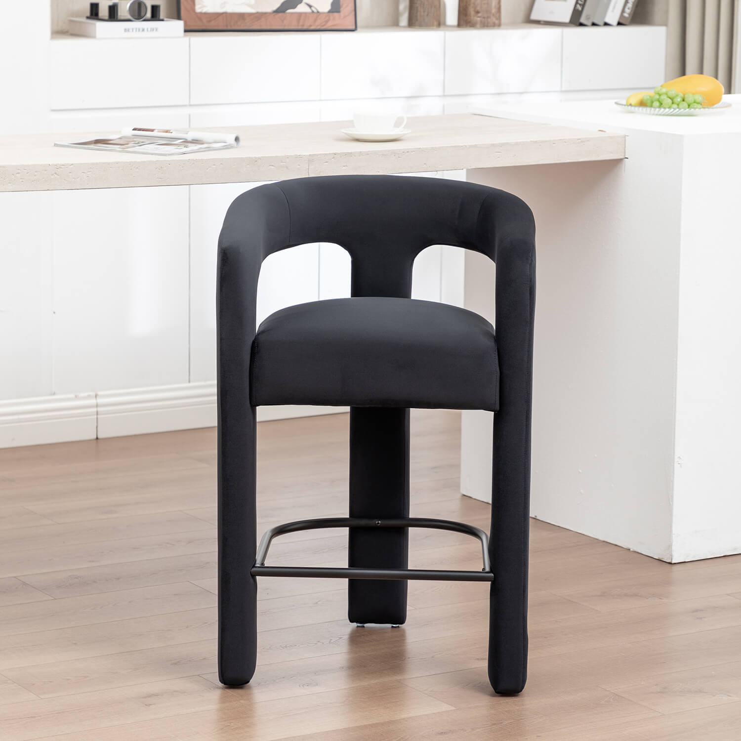 SEYNAR Modern Velvet 34.6''H Fixed Height Open-Back Bar Stool with Metal Footrest(Single/Set of 2)