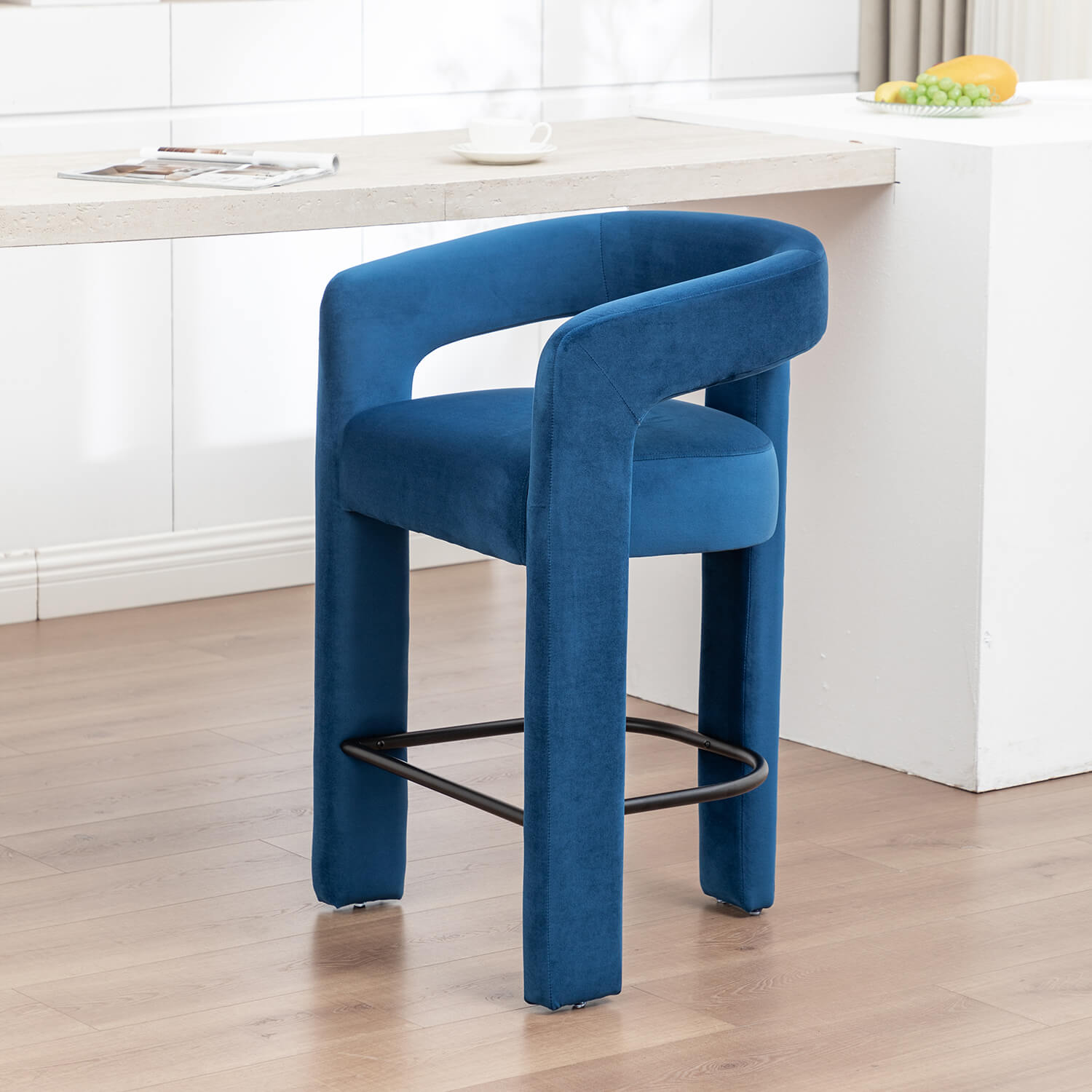 SEYNAR Modern Velvet 34.6''H Fixed Height Open-Back Bar Stool with Metal Footrest(Single/Set of 2)