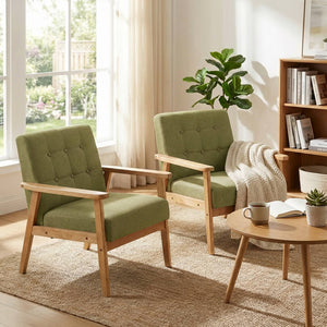 SEYNAR Mid-Century Linen Button-Tufted Accent Chair with Solid Wood Frame(Single/Set of 2)