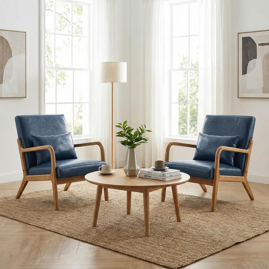 SEYNAR Mid-Century PU Leather Accent Chair with Lumbar Pillow(Single/Set of 2)