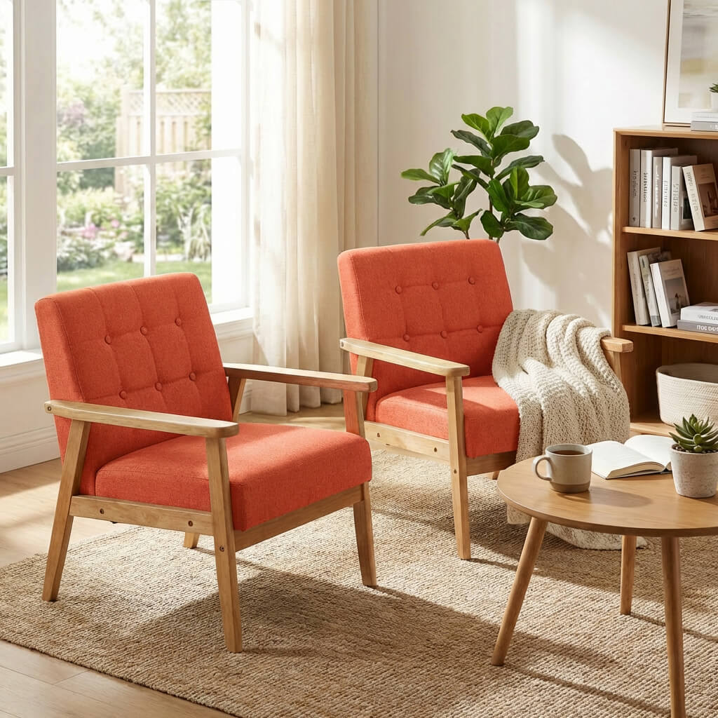 SEYNAR Mid-Century Linen Button-Tufted Accent Chair with Solid Wood Frame(Single/Set of 2)