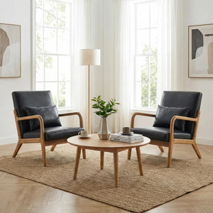 SEYNAR Mid-Century PU Leather Accent Chair with Lumbar Pillow(Single/Set of 2)