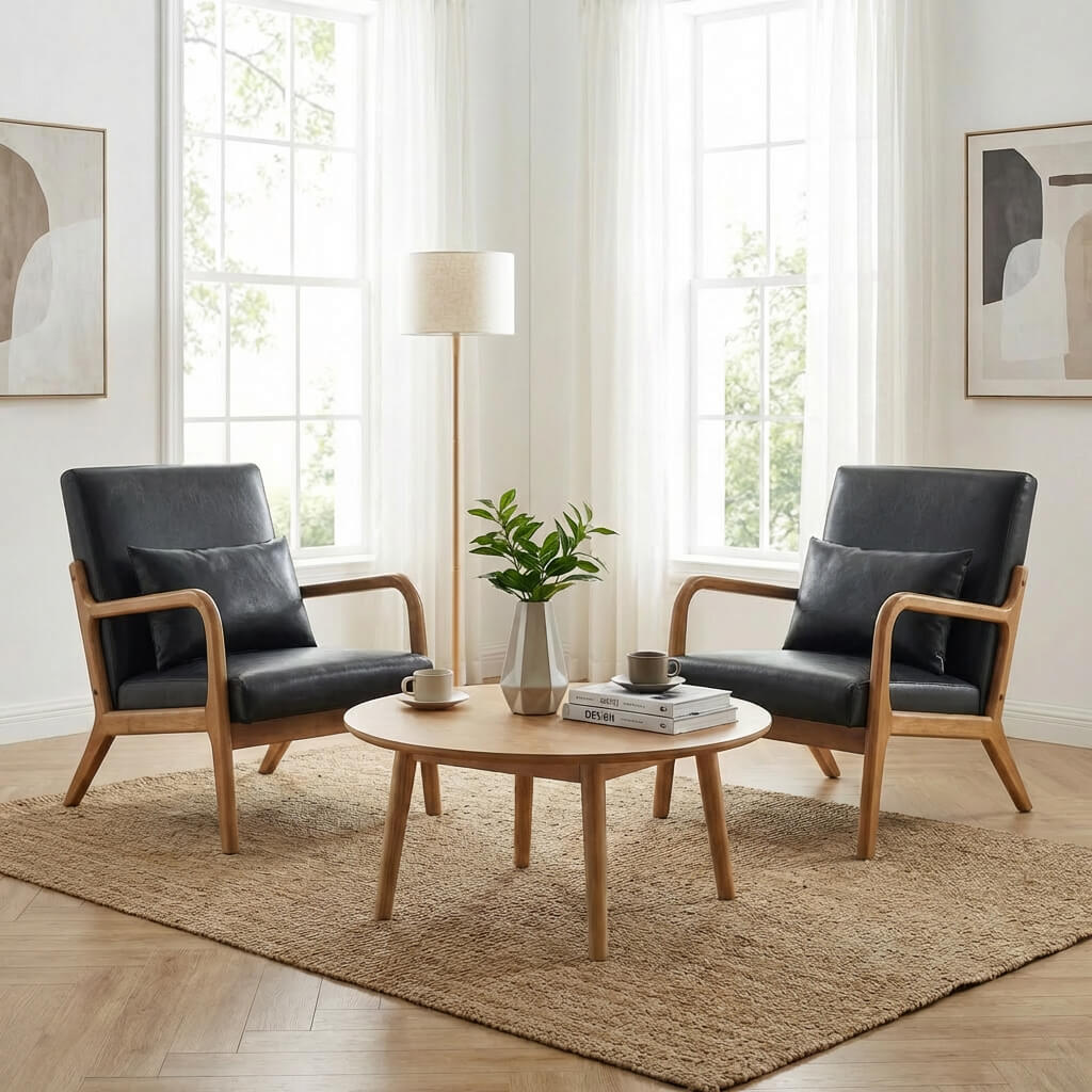 SEYNAR Mid-Century PU Leather Accent Chair with Lumbar Pillow(Single/Set of 2)