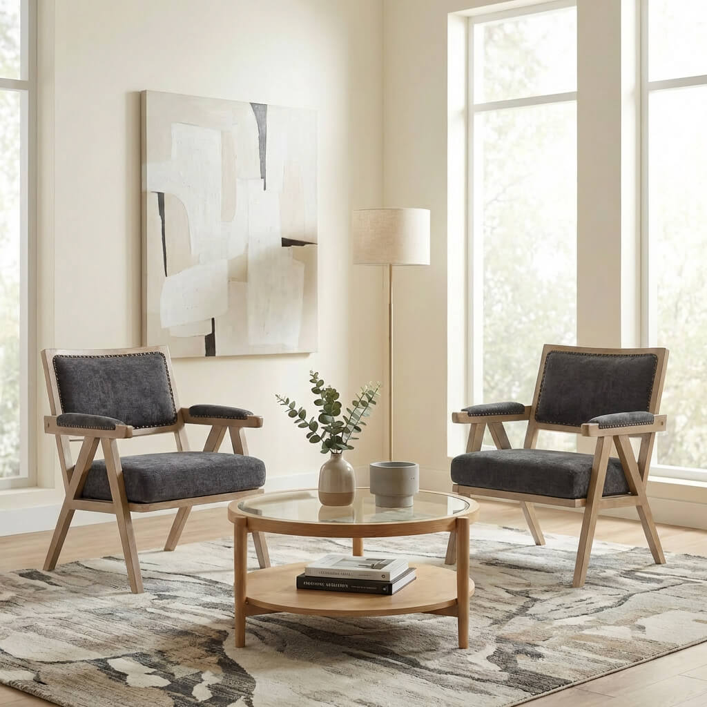 SEYNAR Rustic Mid-Century Chenille Accent Chair with Nailhead Trim and Wood Frame(Single/Set of 2)