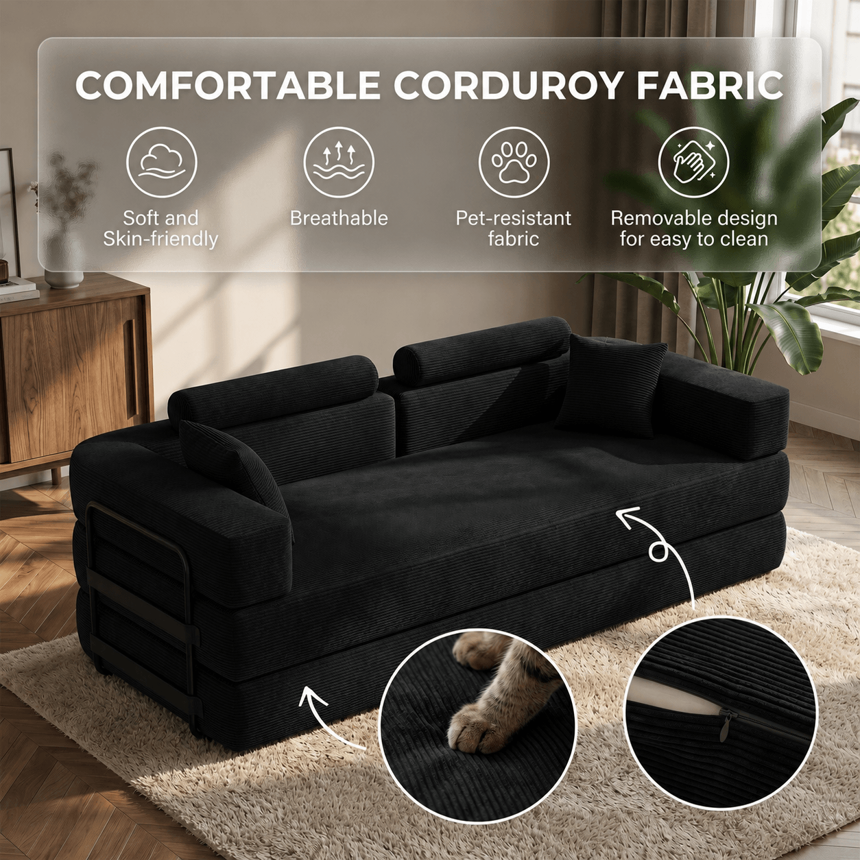 SEYNAR Corduroy Folding Sofa Bed, Memory Foam Compressed Sleeper Couch No Assembly