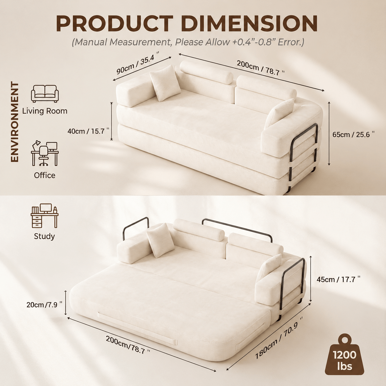 SEYNAR Corduroy Folding Sofa Bed, Memory Foam Compressed Sleeper Couch No Assembly