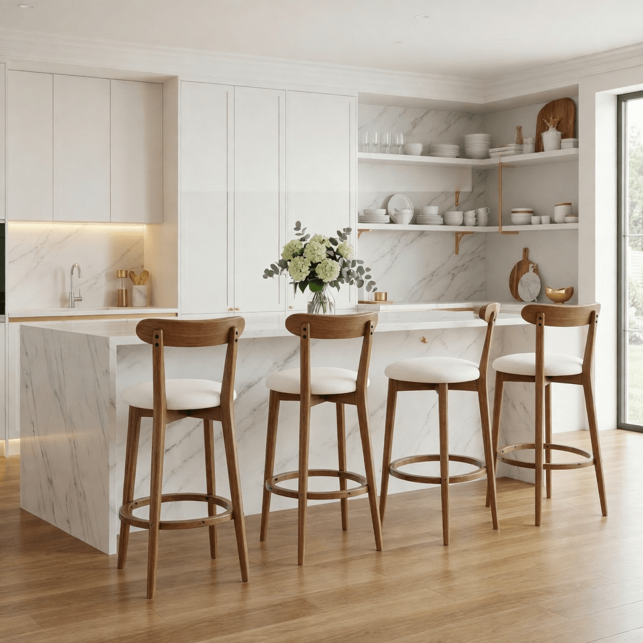 SEYNAR Modern 34.2" Bar Stools Set of 2/4, Solid Wood Barstools with Chenille Cushions & Round Footrest