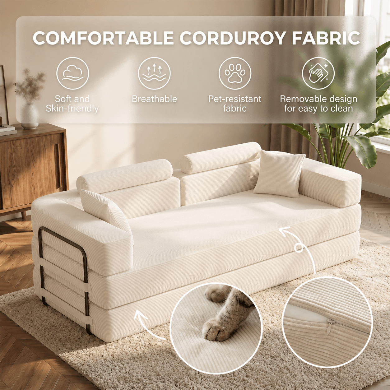 SEYNAR Corduroy Folding Sofa Bed, Memory Foam Compressed Sleeper Couch No Assembly